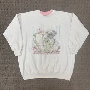 Vintage Pullover Sweatshirt Medium Lightweight Fleece Teddy Bear Kitten Coquette